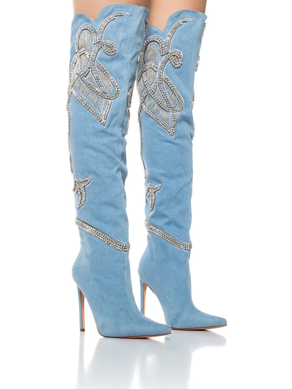 Azalea Wang Everlee Denim Silver Over-the-Knee Stiletto Boot with Crystal Detail